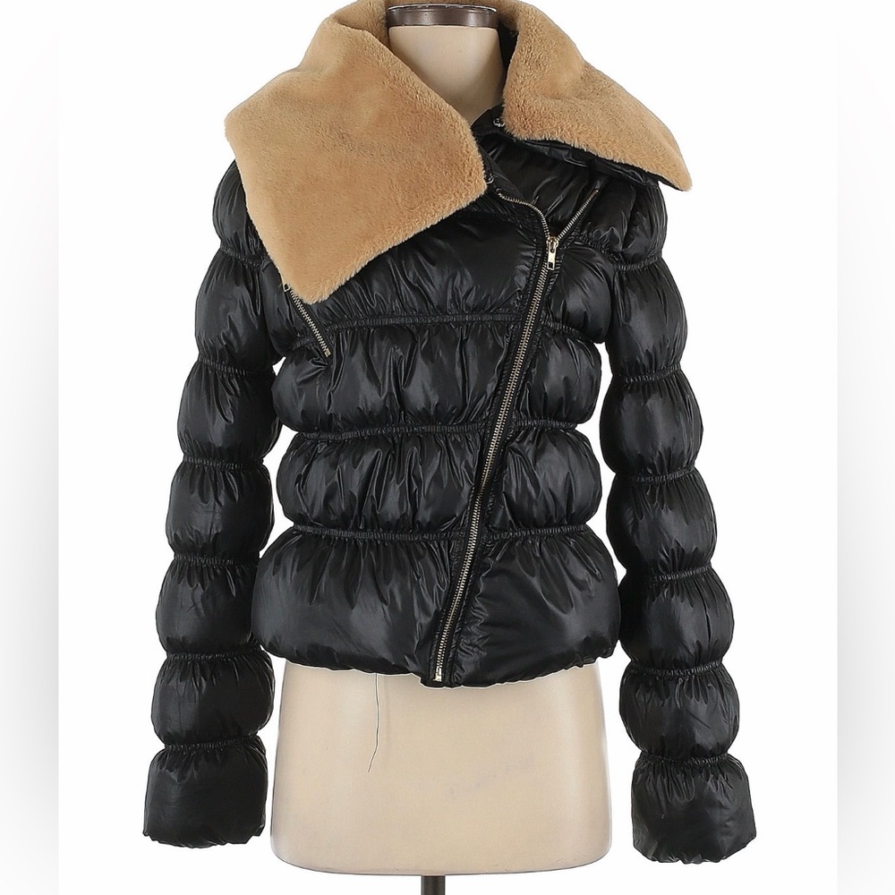 NWT Molly Bracken Black Puffer Jacket with Tan Collar XS